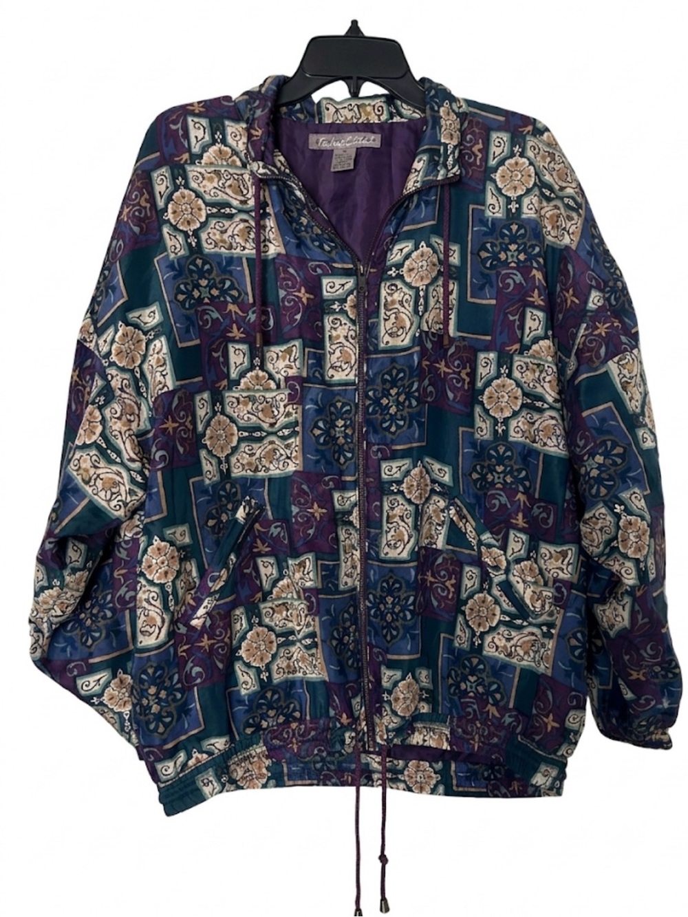 VTG Robert Stock 100% Silk Bomber Jacket L Geometric Baroque Abstract Full Zip